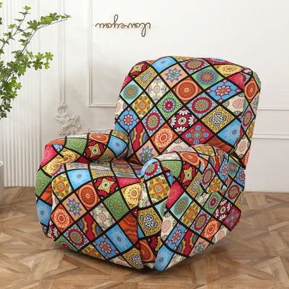 A vibrant colorful patchwork elastic sofa cover with mandala patterns in reds, blues, greens, and yellows for recliners