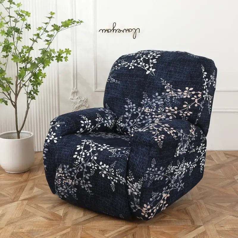 Navy blue stretch fabric sofa cover with white and light pink floral branch pattern for recliner protection