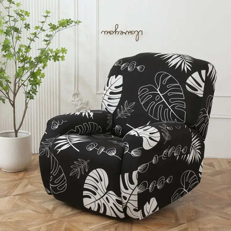 Black stretchy sofa cover with bold white tropical leaf pattern for elastic recliner sofa protection