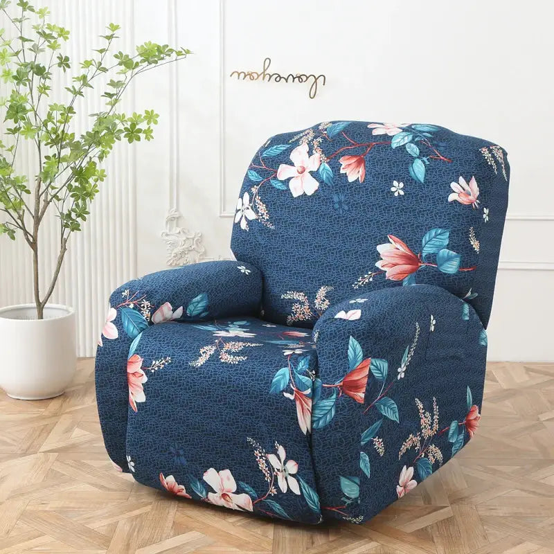 Navy blue floral stretch sofa cover with white pink and teal blossoms on textured fabric for living room protector