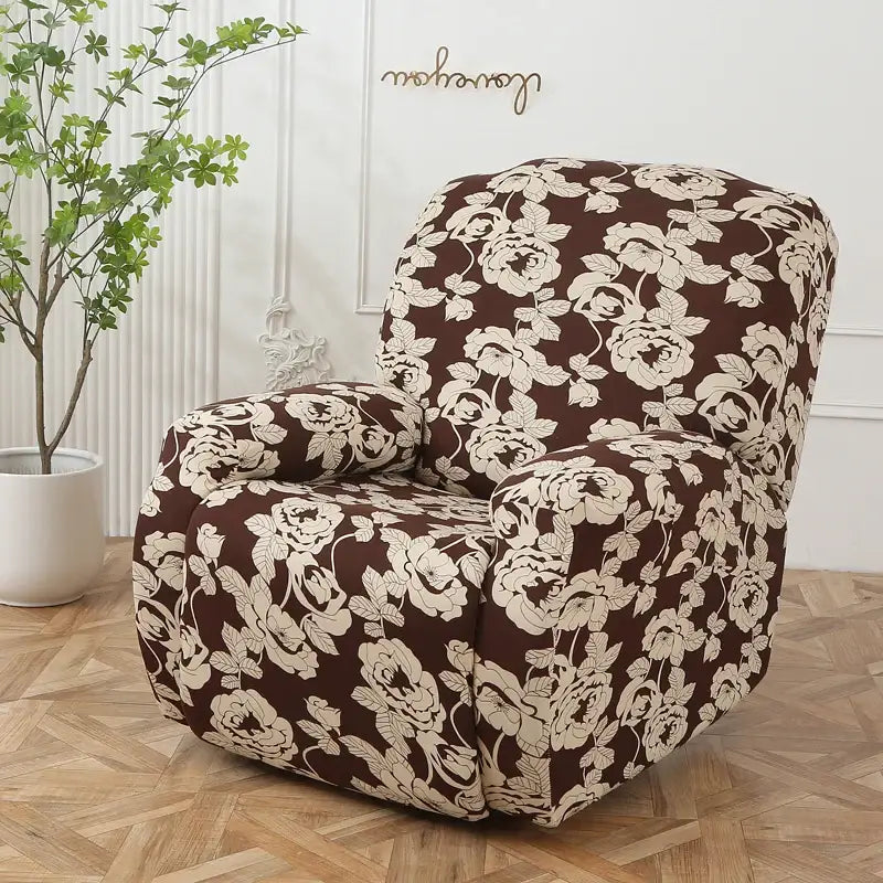 Brown floral-patterned stretch sofa cover with cream roses and leaves for recliner sofa protection in living room