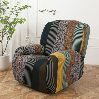 A vibrant stretchy sofa cover with bold vertical earth tones and mustard yellow stripes for recliner protection
