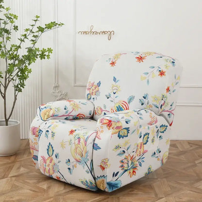White recliner chair with colorful patchwork elastic sofa cover featuring vibrant floral patterns for living room protection