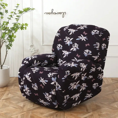 Colorful patchwork elastic recliner sofa cover with black floral pattern white blue flowers and pink butterflies