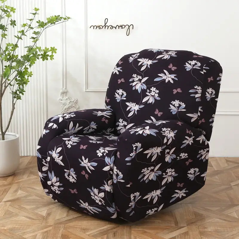 Colorful patchwork elastic recliner sofa cover with black floral pattern white blue flowers and pink butterflies