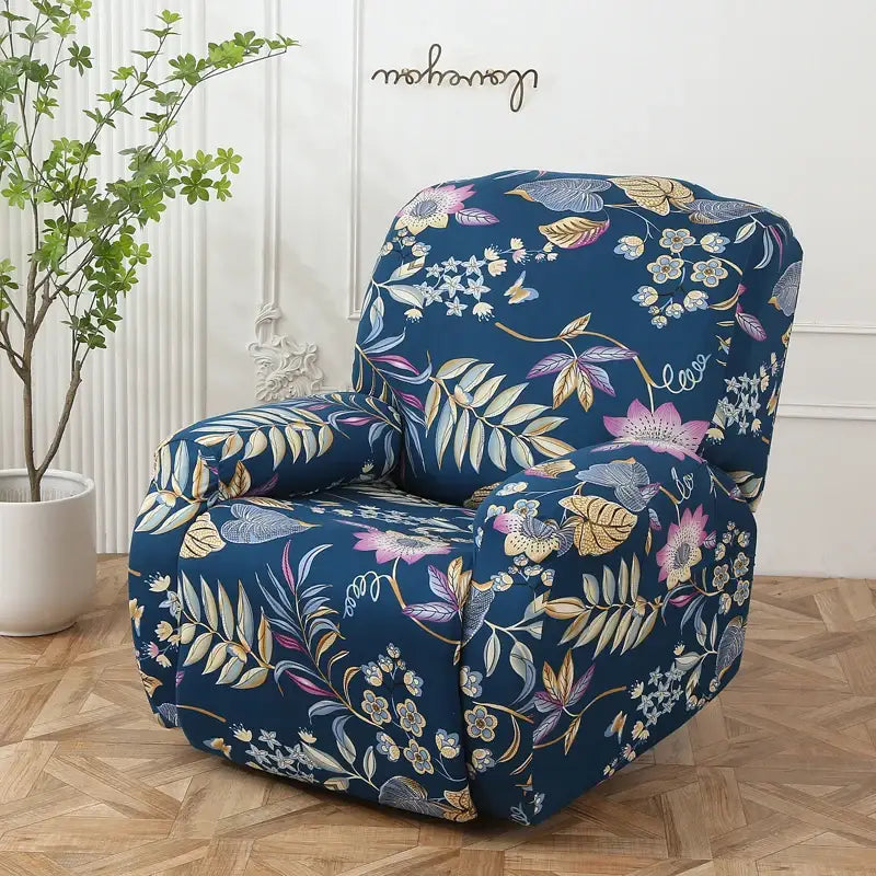Navy blue floral stretch sofa cover with pink gold and white botanical patterns elastic recliner protector