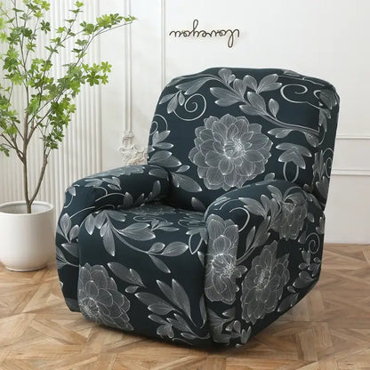 Black recliner sofa cover with colorful patchwork elastic fabric and elegant silver floral pattern for living room protection