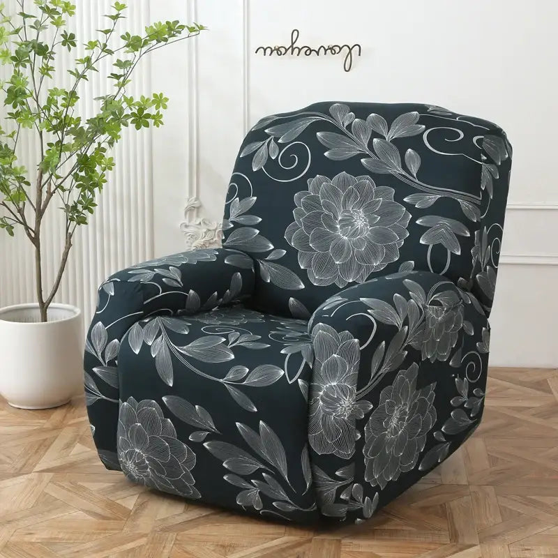 Black recliner sofa cover with colorful patchwork elastic fabric and elegant silver floral pattern for living room protection
