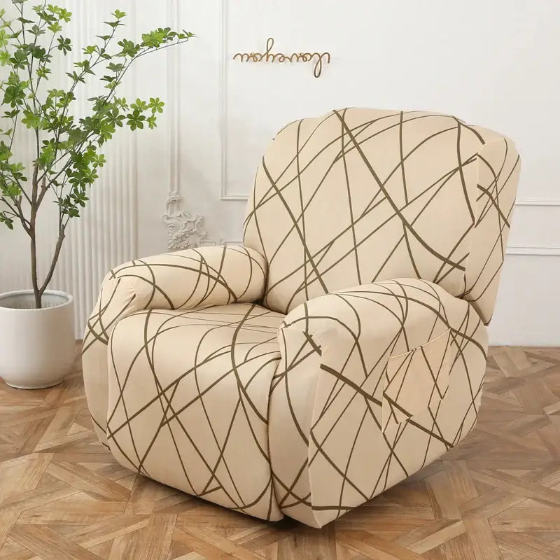 Beige recliner chair with geometric dark brown lines featuring a colorful patchwork elastic sofa cover protector