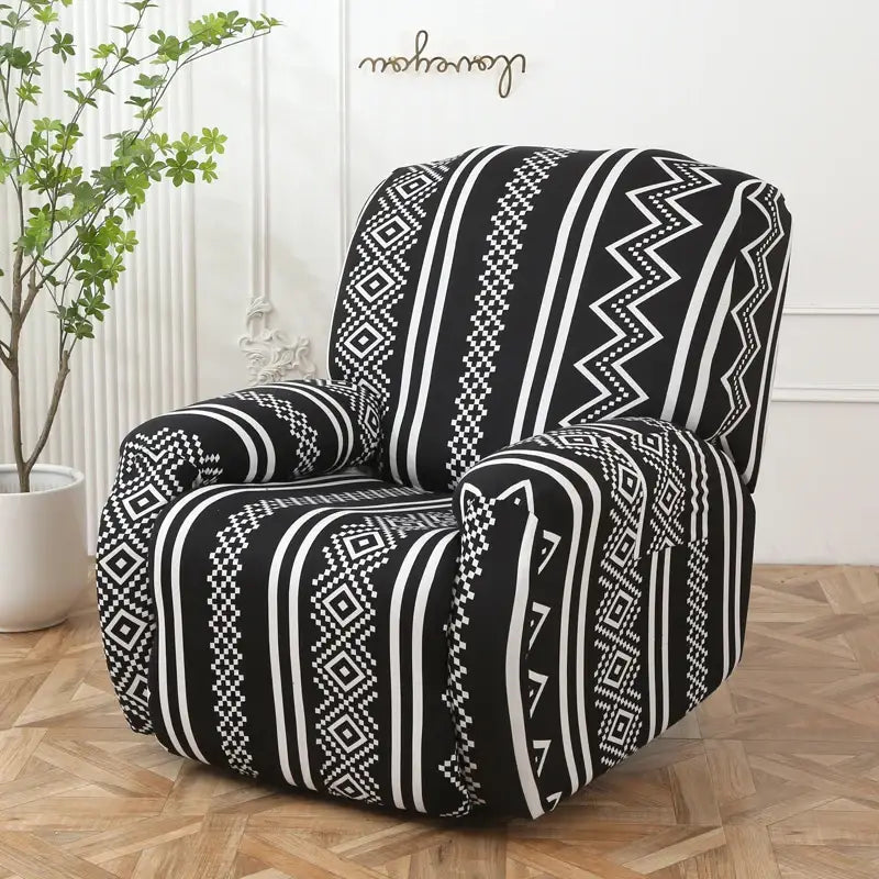 Black and white geometric-patterned stretch sofa cover for recliner with elastic material as living room protector