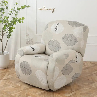 Beige stretchy recliner sofa cover with gray and white leaf motifs and breathe script for living room protection