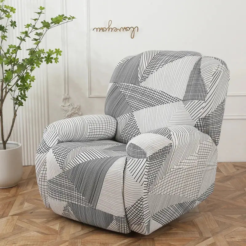 Black and white geometric patterned elastic sofa cover snugly fits recliner protecting living room furniture