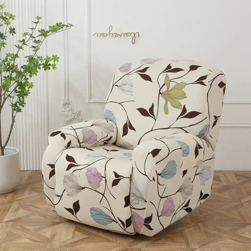Beige floral stretch sofa cover with purple green and blue blossoms on cream background for recliner protection