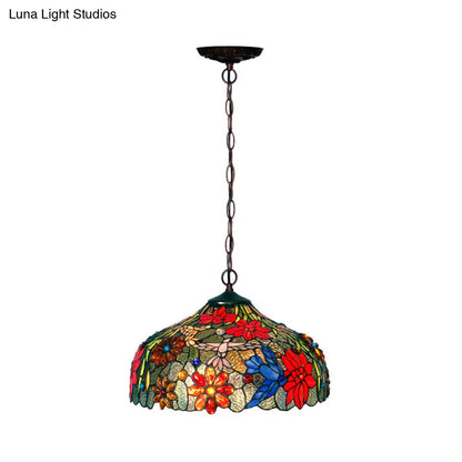 Colorful Petal Glass Chandelier Light Fixture - 3-Light Bronze Suspension Lighting for Dining Room