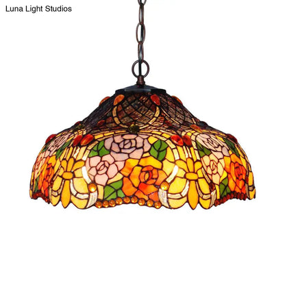 Colorful Petal Glass Chandelier Light Fixture - 3-Light Bronze Suspension Lighting for Dining Room