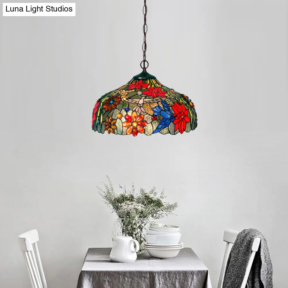 Colorful Petal Glass Chandelier Light Fixture - 3-Light Bronze Suspension Lighting for Dining Room