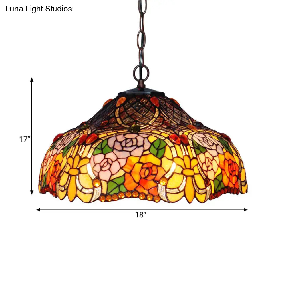 Colorful Petal Glass Chandelier Light Fixture - 3-Light Bronze Suspension Lighting for Dining Room