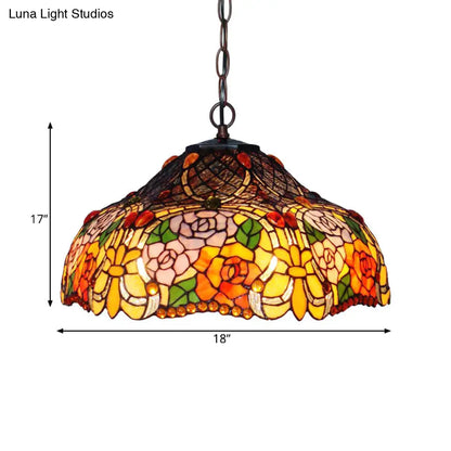 Colorful Petal Glass Chandelier Light Fixture - 3-Light Bronze Suspension Lighting for Dining Room