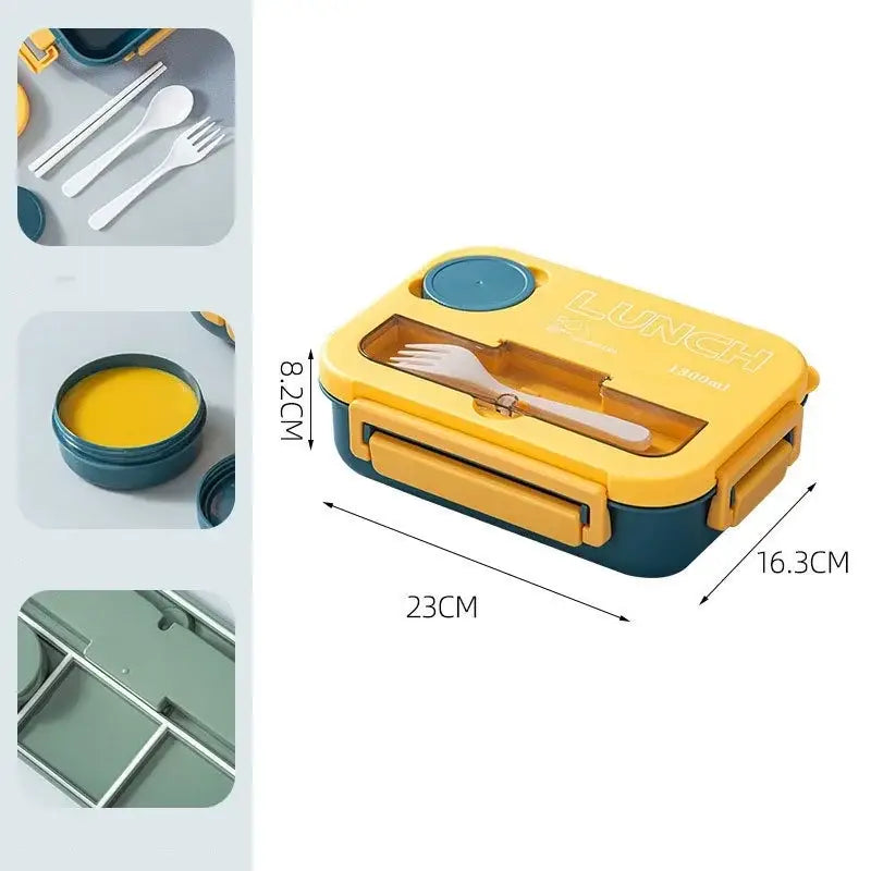 Yellow and teal plastic lunch box set with two compartments and built-in fork visible through transparent lid