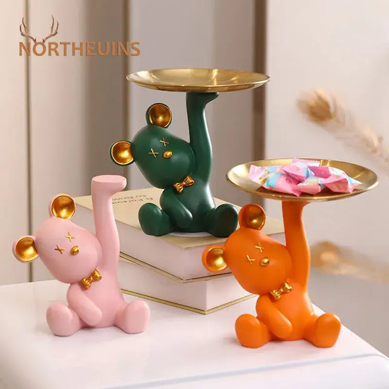 Three colorful resin bear house figurines with gold ears and bow ties holding trays for entry tray keys receiver