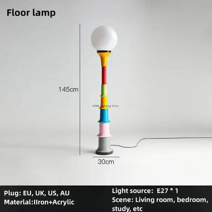 A colorful retro led floor lamp with a 145cm iron stem in yellow red green blue pink and gray with a white acrylic bulb