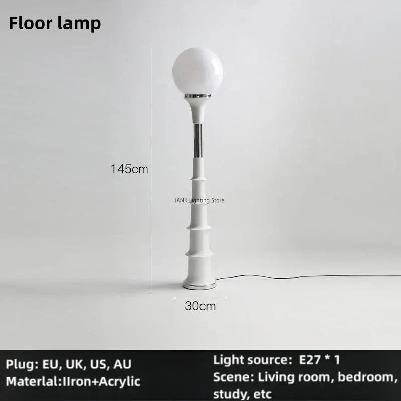 White spherical floor lamp with slender metallic stem and tiered iron acrylic base by decorbites colorful retro led for bedroom