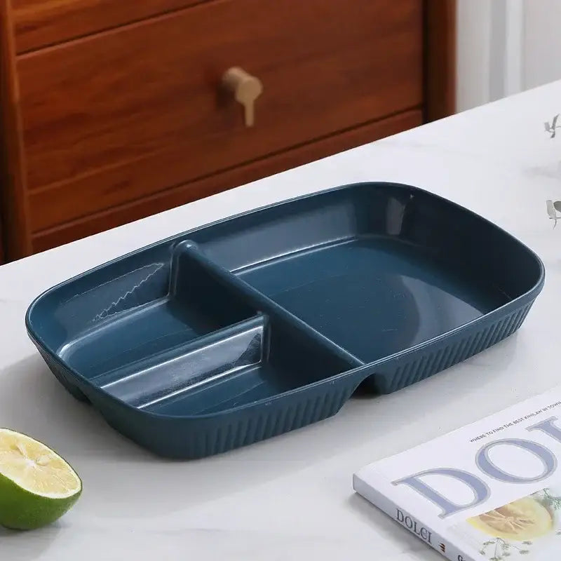 Dark blue rectangular divided dish diet plate with three compartments and ribbed edges for organized dining