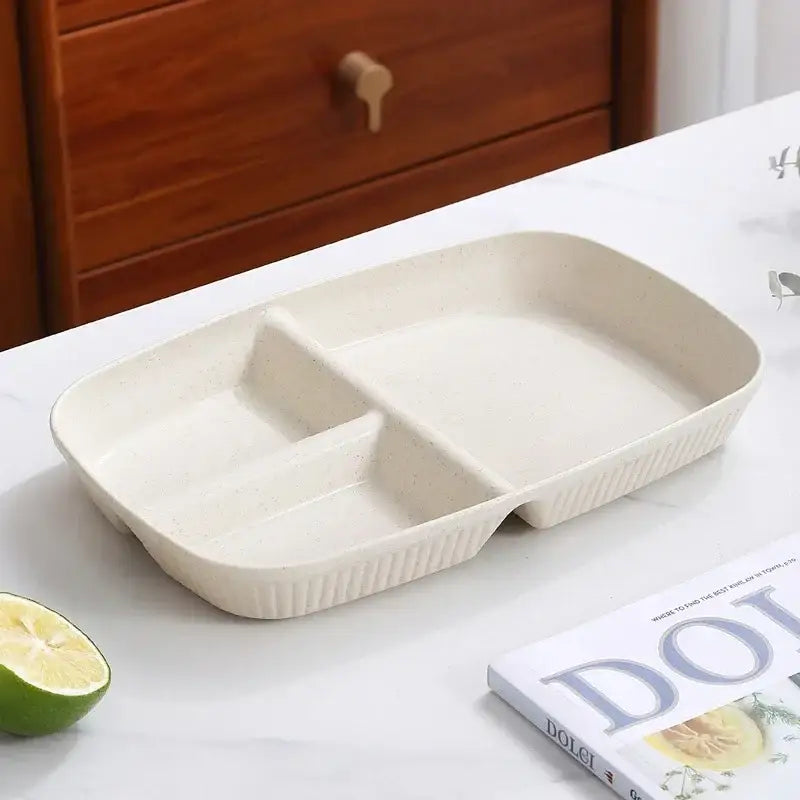 Beige rectangular divided dish diet plate with three compartments and ribbed edges for dining room use