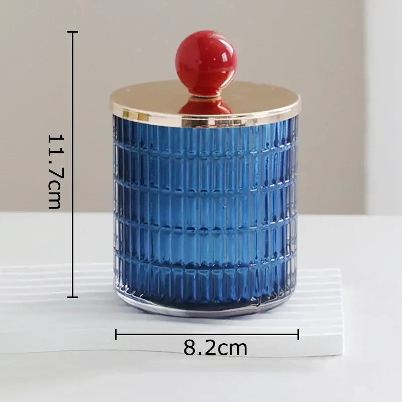 Blue ribbed glass tea canister with gold rim and red knob for kitchen storage jar from decorbites glass tea set