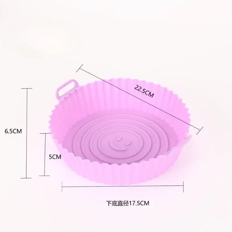 Pink silicone basket tray with smiley face design and fluted edges for colorful silicone baking grill pan set