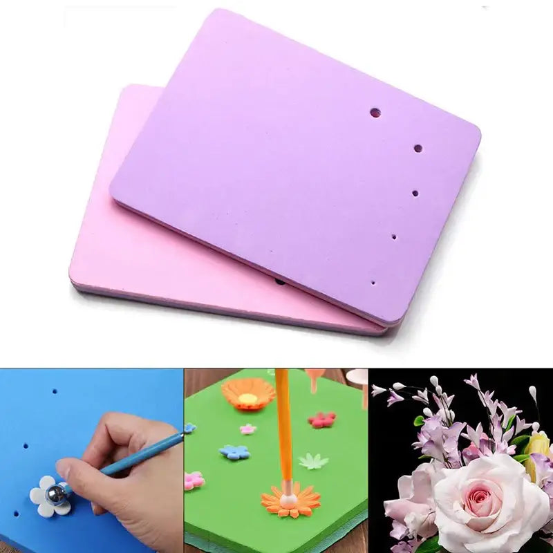 Colorful purple and pink silicone cake shaping mat with evenly spaced holes for fondant flower crafting and embossing