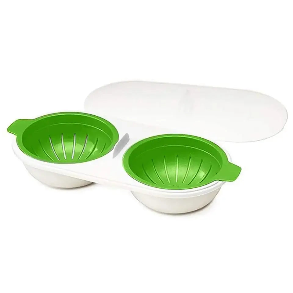Green and white double layer egg boiler silicone with two perforated compartments for steaming eggs cooking tools
