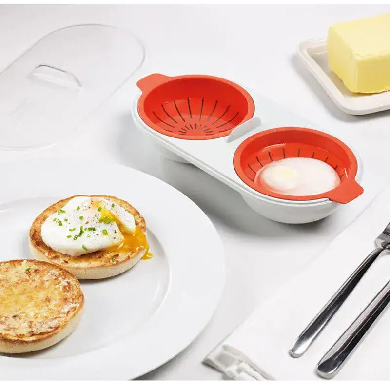 Orange silicone egg boiler with two compartments and white base and lid for efficient cooking tools use