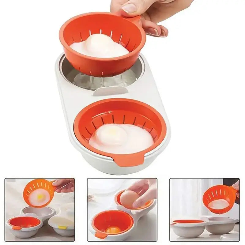 Orange and white double compartment silicone egg boiler designed for easy yolk separation in cooking tools