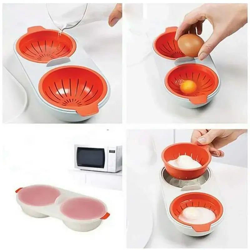 Orange and white silicone egg boiler with two compartments double layer design for efficient cooking tools use