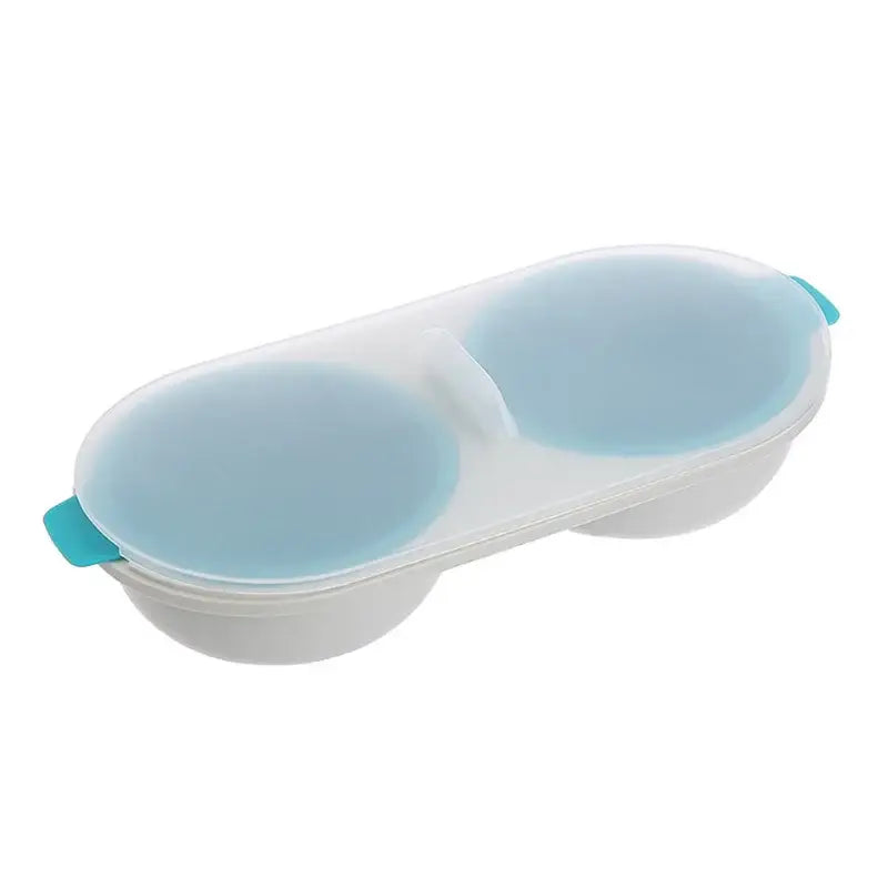 White plastic egg boiler with teal handles and two light blue silicone lids double layer cooking tool silicone