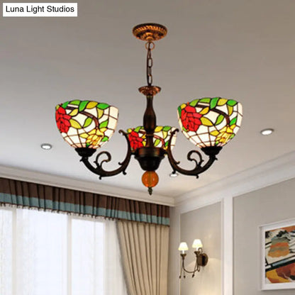 Colorful Stained Glass Bowl Chandelier in Retro Brass: Flower Pattern, 3 Bulbs, Vibrant Lighting