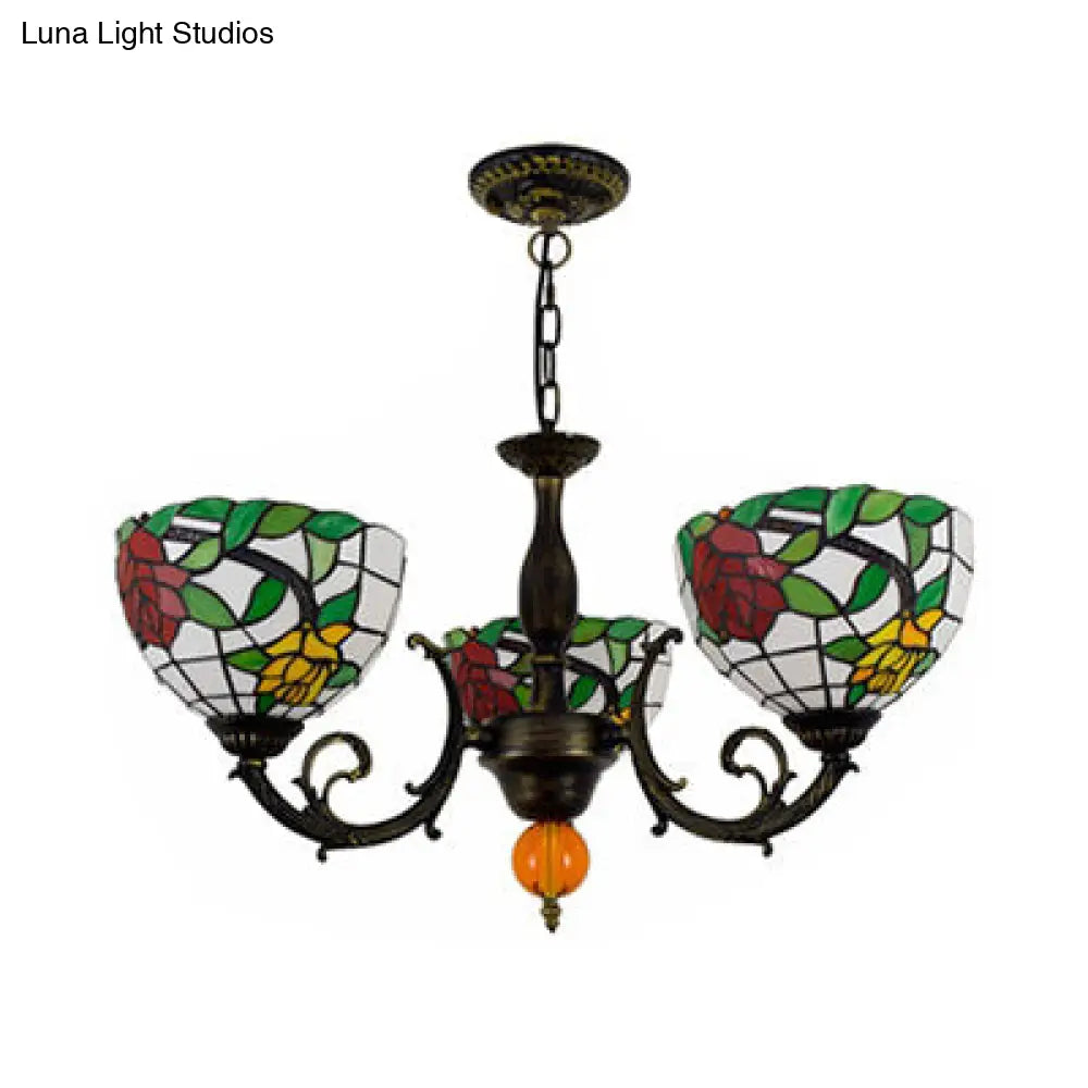 Colorful Stained Glass Bowl Chandelier in Retro Brass: Flower Pattern, 3 Bulbs, Vibrant Lighting