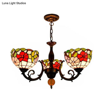 Colorful Stained Glass Bowl Chandelier in Retro Brass: Flower Pattern, 3 Bulbs, Vibrant Lighting