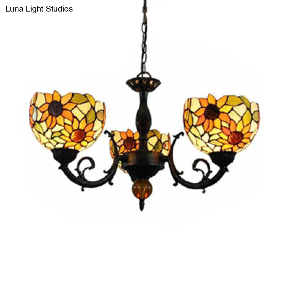 Colorful Stained Glass Bowl Chandelier in Retro Brass: Flower Pattern, 3 Bulbs, Vibrant Lighting