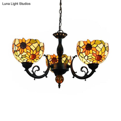 Colorful Stained Glass Bowl Chandelier in Retro Brass: Flower Pattern, 3 Bulbs, Vibrant Lighting