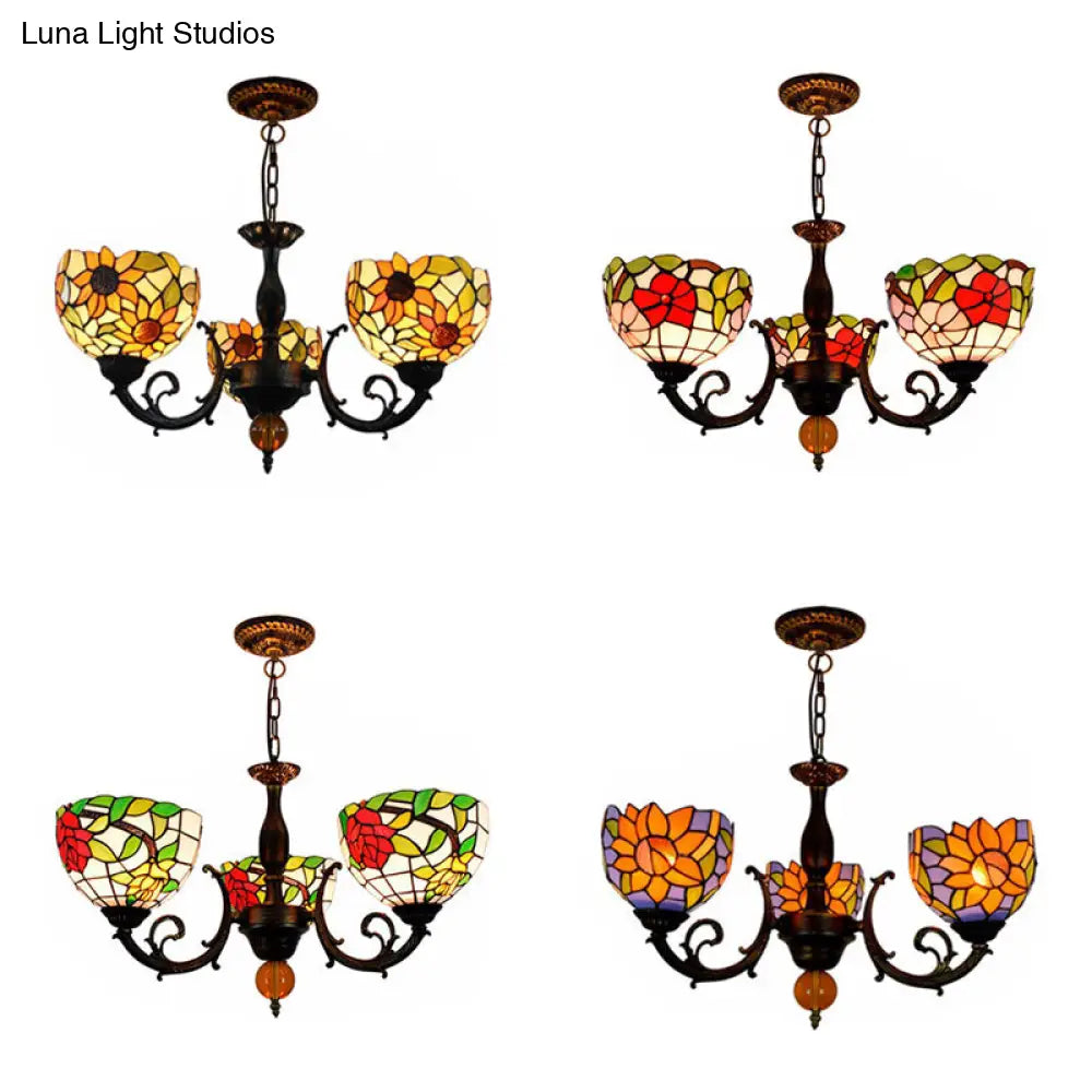 Colorful Stained Glass Bowl Chandelier in Retro Brass: Flower Pattern, 3 Bulbs, Vibrant Lighting