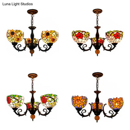 Colorful Stained Glass Bowl Chandelier in Retro Brass: Flower Pattern, 3 Bulbs, Vibrant Lighting