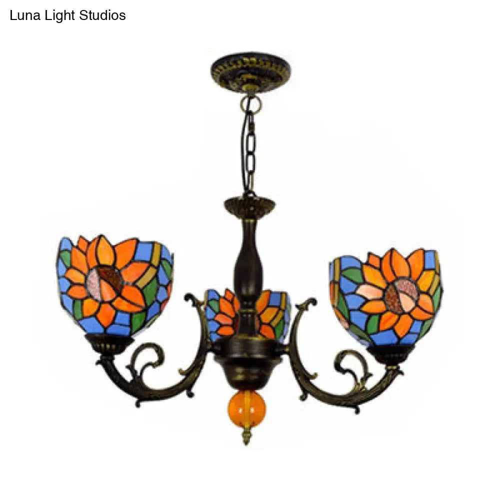 Colorful Stained Glass Bowl Chandelier in Retro Brass: Flower Pattern, 3 Bulbs, Vibrant Lighting