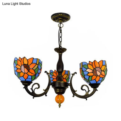 Colorful Stained Glass Bowl Chandelier in Retro Brass: Flower Pattern, 3 Bulbs, Vibrant Lighting
