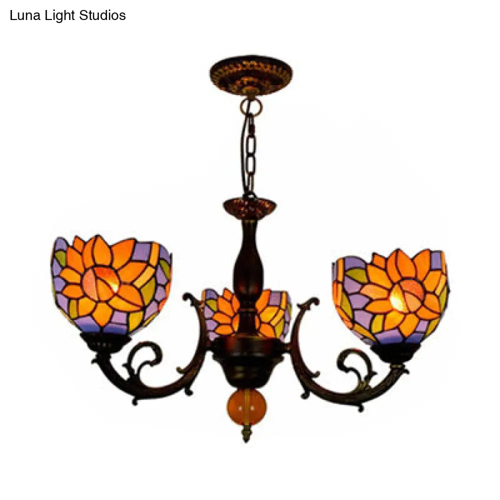 Colorful Stained Glass Bowl Chandelier in Retro Brass: Flower Pattern, 3 Bulbs, Vibrant Lighting