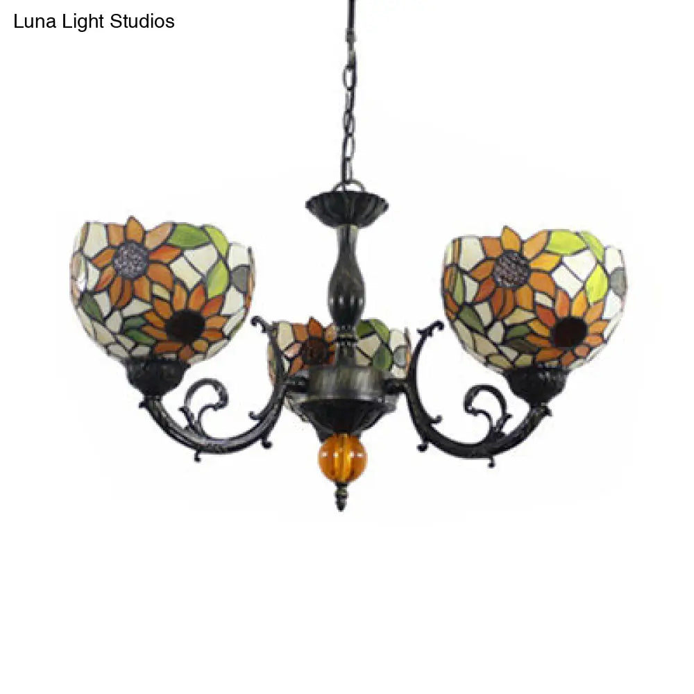 Colorful Stained Glass Bowl Chandelier in Retro Brass: Flower Pattern, 3 Bulbs, Vibrant Lighting
