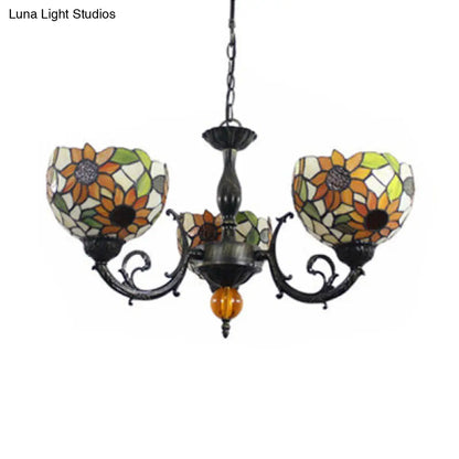 Colorful Stained Glass Bowl Chandelier in Retro Brass: Flower Pattern, 3 Bulbs, Vibrant Lighting