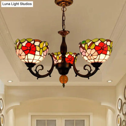 Colorful Stained Glass Bowl Chandelier in Retro Brass: Flower Pattern, 3 Bulbs, Vibrant Lighting