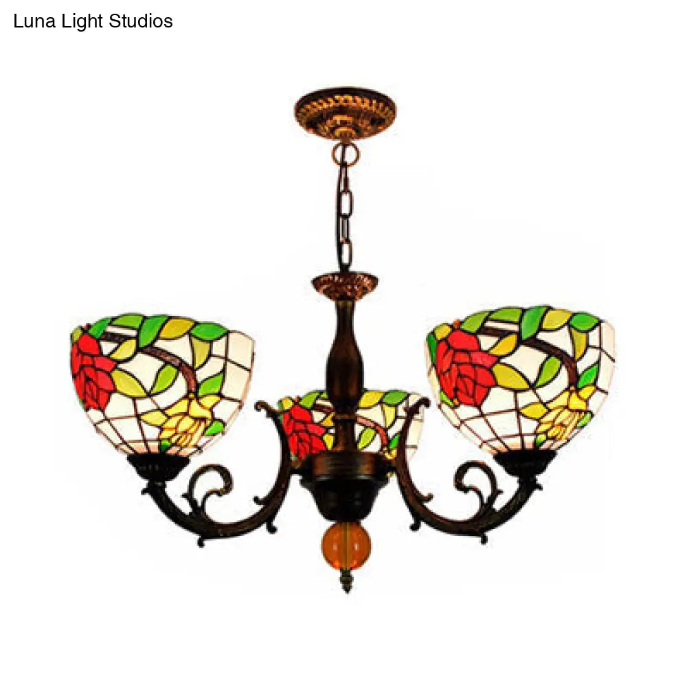 Colorful Stained Glass Bowl Chandelier in Retro Brass: Flower Pattern, 3 Bulbs, Vibrant Lighting